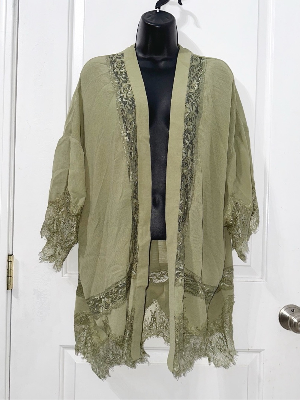 Vocal sheer olive green open-front lace trim kimono cardigan, size XL